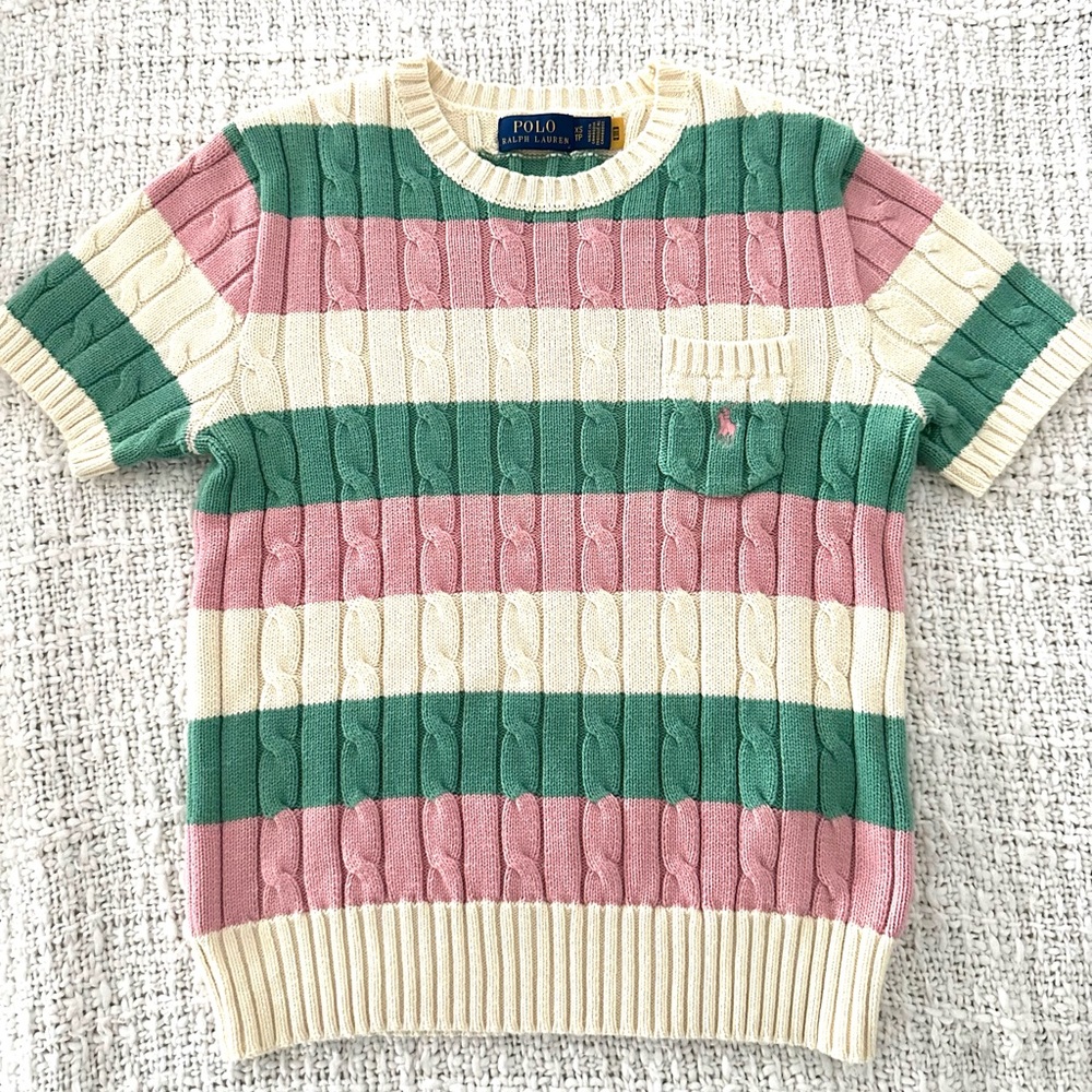 Vintage Polo Ralph Lauren Cable Knit Short Sleeve Sweater XS Striped Preppy - Picture 3 of 8